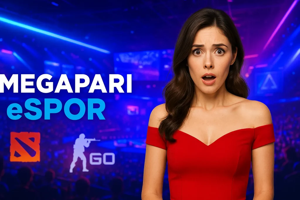 Megapari eSpor dünyasına adım atın Megapari eSpor segmentini tanıtan dijital illüstrasyon, profesyonel turnuvalar ve canlı istatistiklerle dolu bir ortam sunar